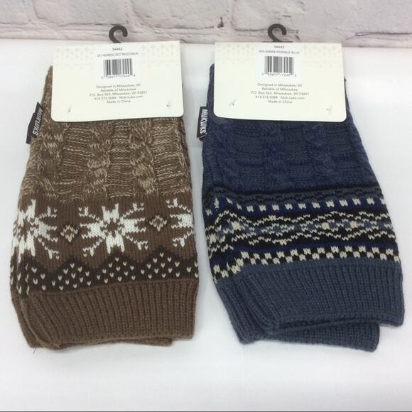 Muk Luks Knit Boot Cuffs/Toppers 2 Sets Nordic Dot Moccasin Brown /Fairisle Blue - Picture 9 of 9
